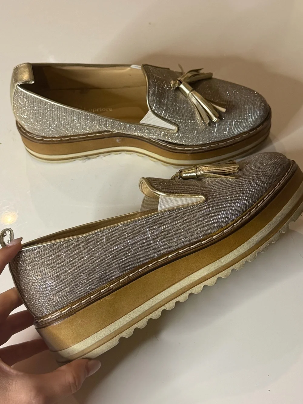 Gold Sparkle Tassel Platform Loafers